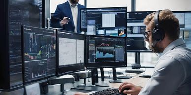 Two men monitoring multiple data screens in a modern office environment.