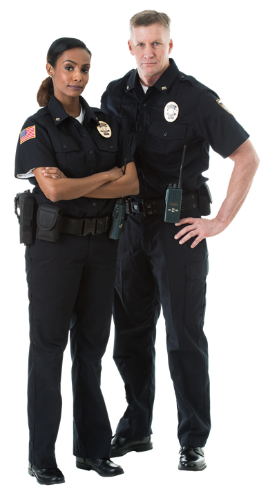Two police officers in uniform standing confidently together.