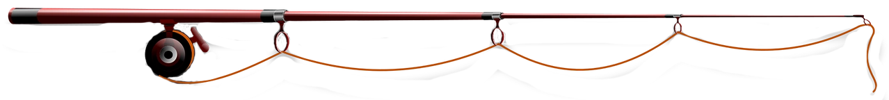 Red and black fishing rod with reel and orange strap.