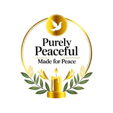 Logo with a dove, candle, and leaves symbolizing peace.
