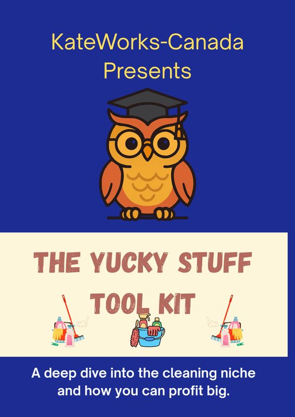 KateWorks-Canada presents a cleaning toolkit guide with an owl mascot.