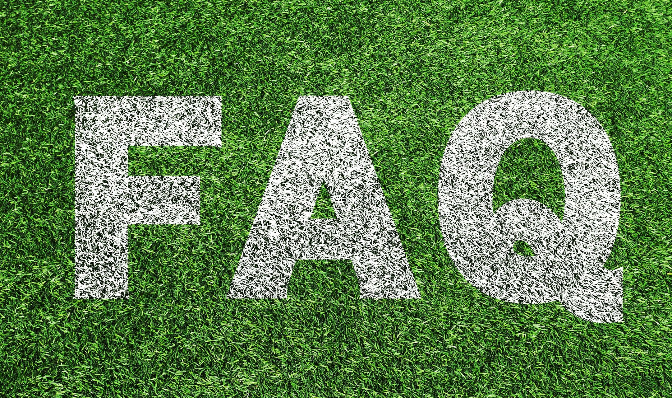 FAQ in white letters on grass background image. Frequently asked questions