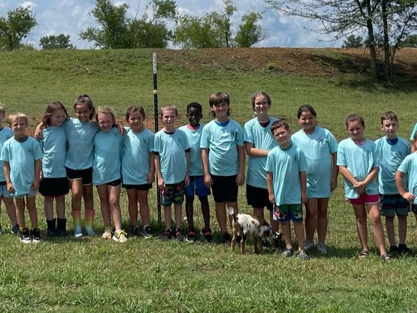 A group of children wearing matching blue shirts stand on grass with a small goat.