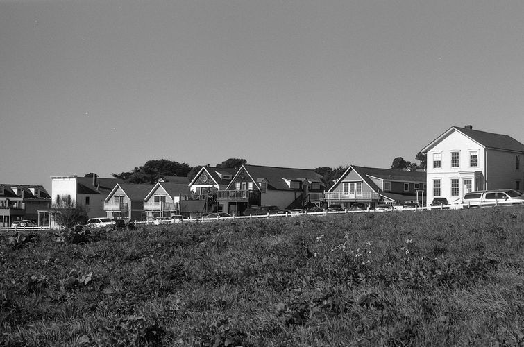 Row of historic homes in Mendocino, CA. Photo by Mary Brune, 2021