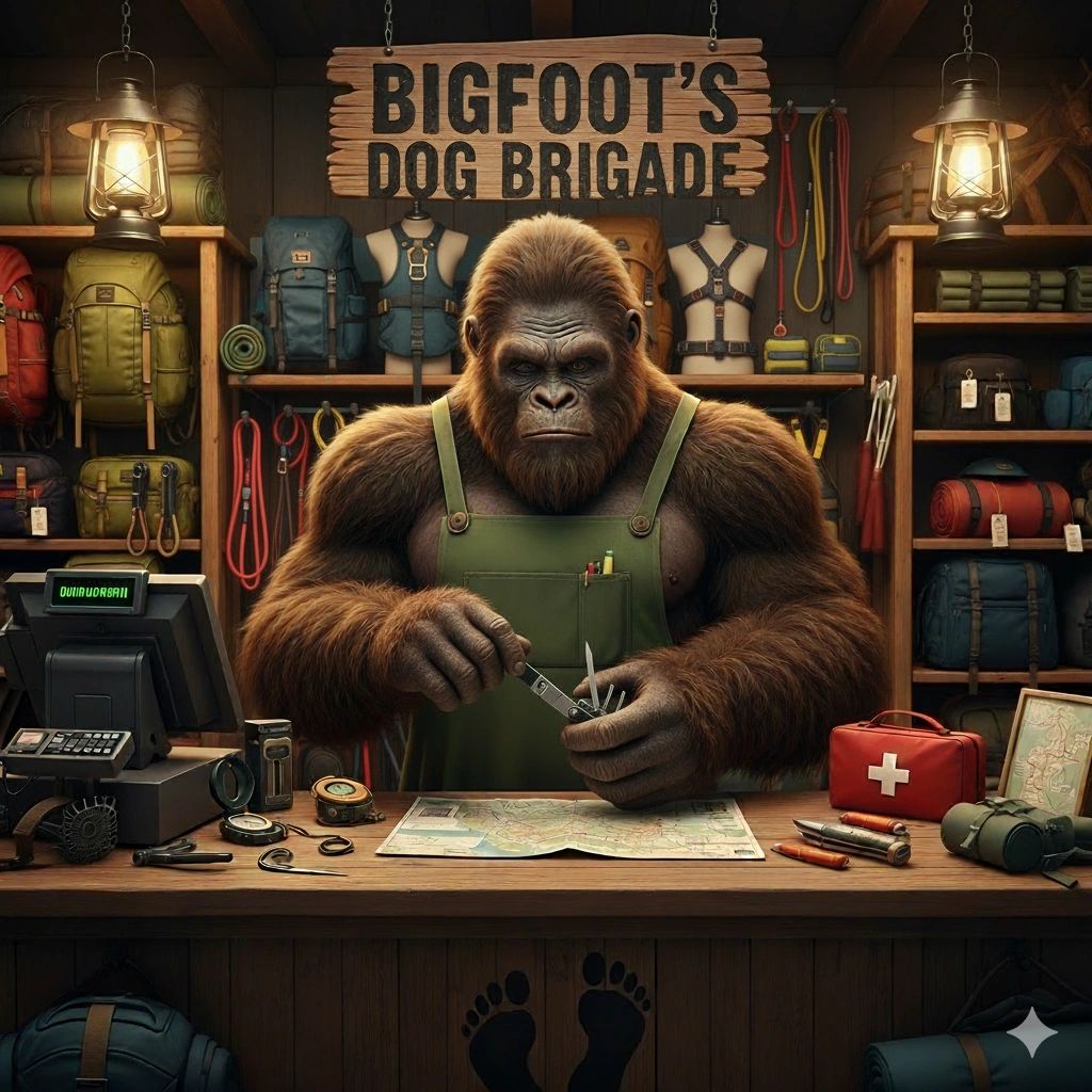 Bigfoot at the register of a survival gear shop