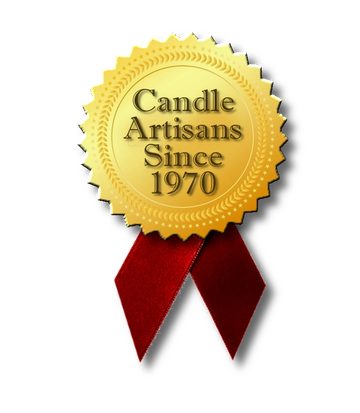 Gold seal with red ribbons, reads 'Candle Artisans Since 1970'.