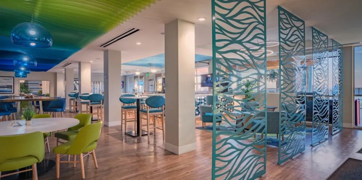 Artisan Panels laser-cut decorative room divider, Pattern 169 Coastal Breezes, hospitality interior