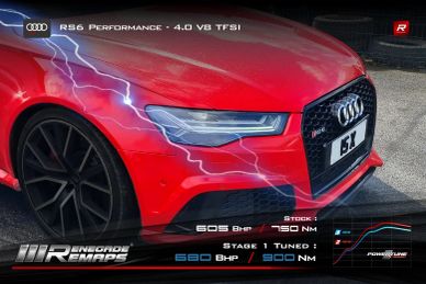 Red Audi RS6 with 605 BHP and lightning effects.