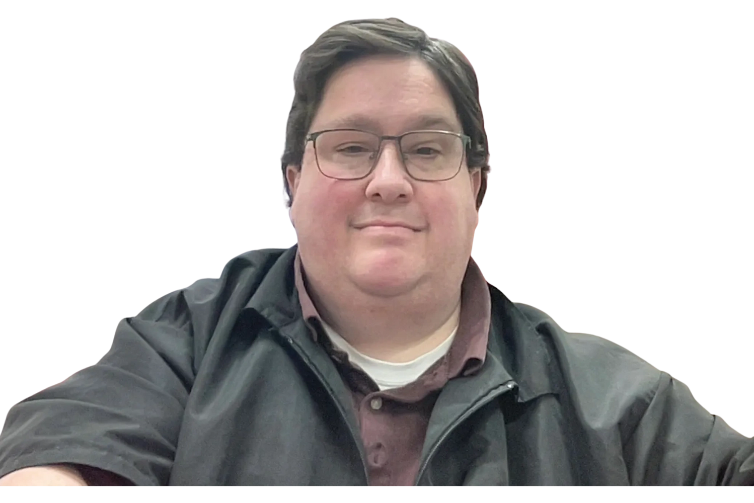 Man with glasses wearing a dark jacket and maroon shirt.