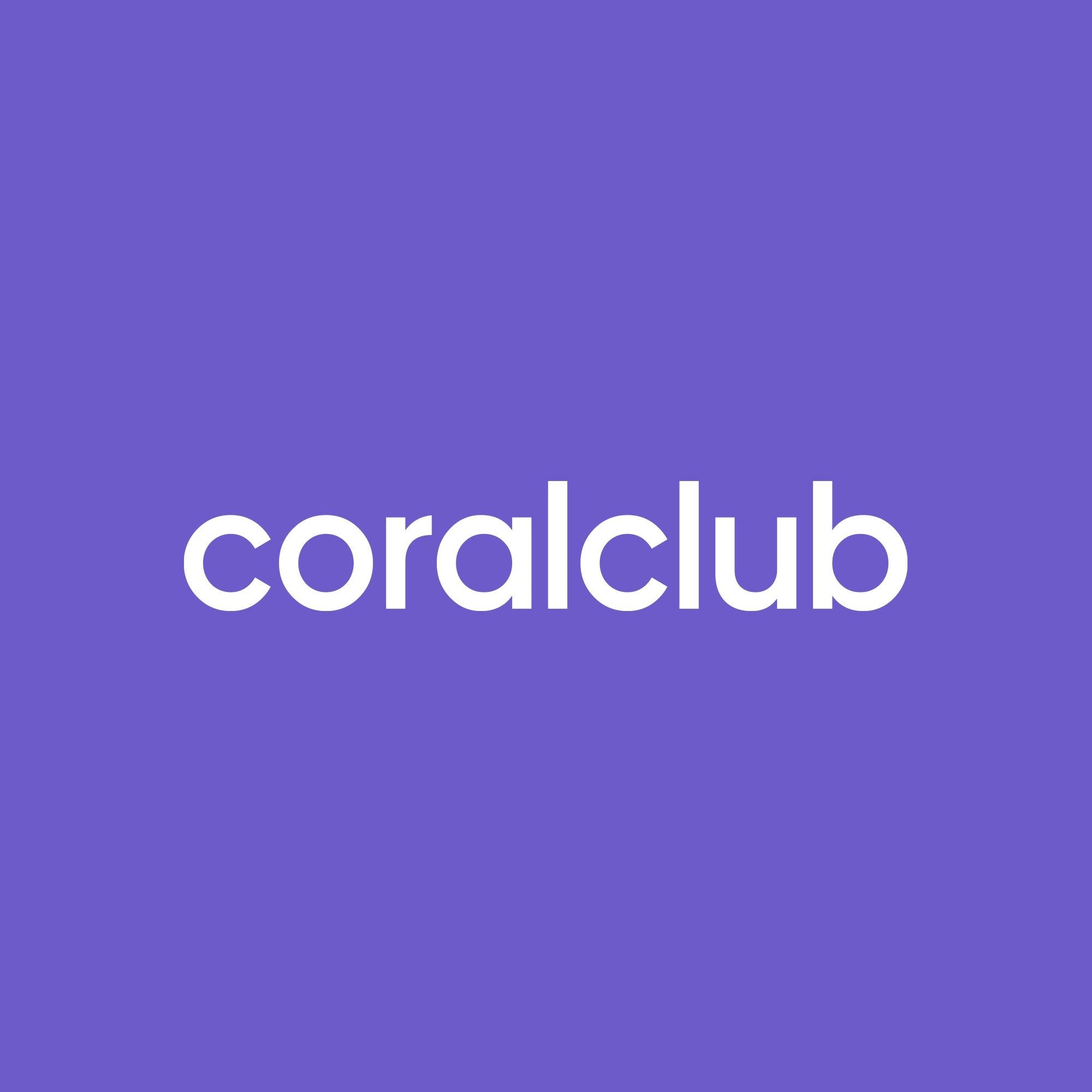 Purple background with the word 'coralclub' in white lowercase letters.
