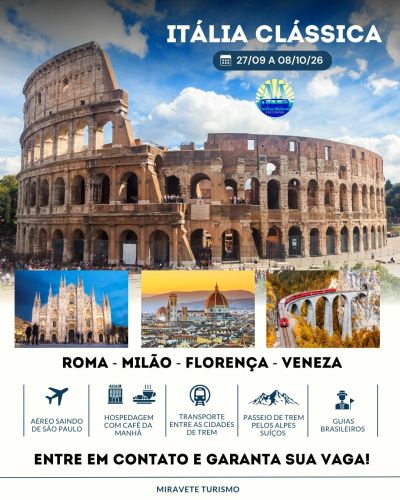 Anúncio de turismo para a Itália Clássica com destinos e serviços.