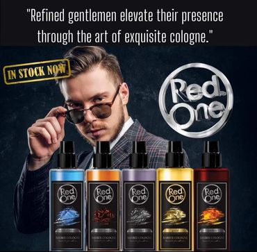 Stylish man promotes Red One cologne collection for refined gentlemen.