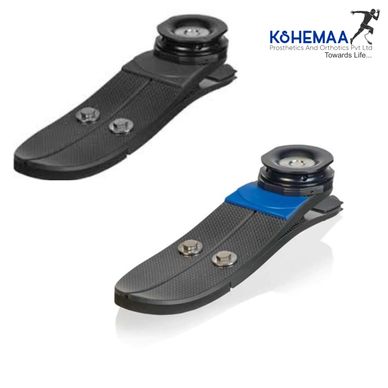 Two prosthetic feet with spring-like ankles, one black and one black with blue.