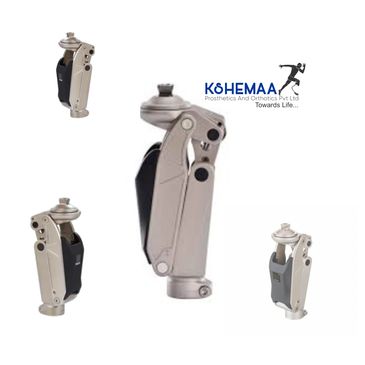 Prosthetic knee joints with Kshemaa logo and tagline.