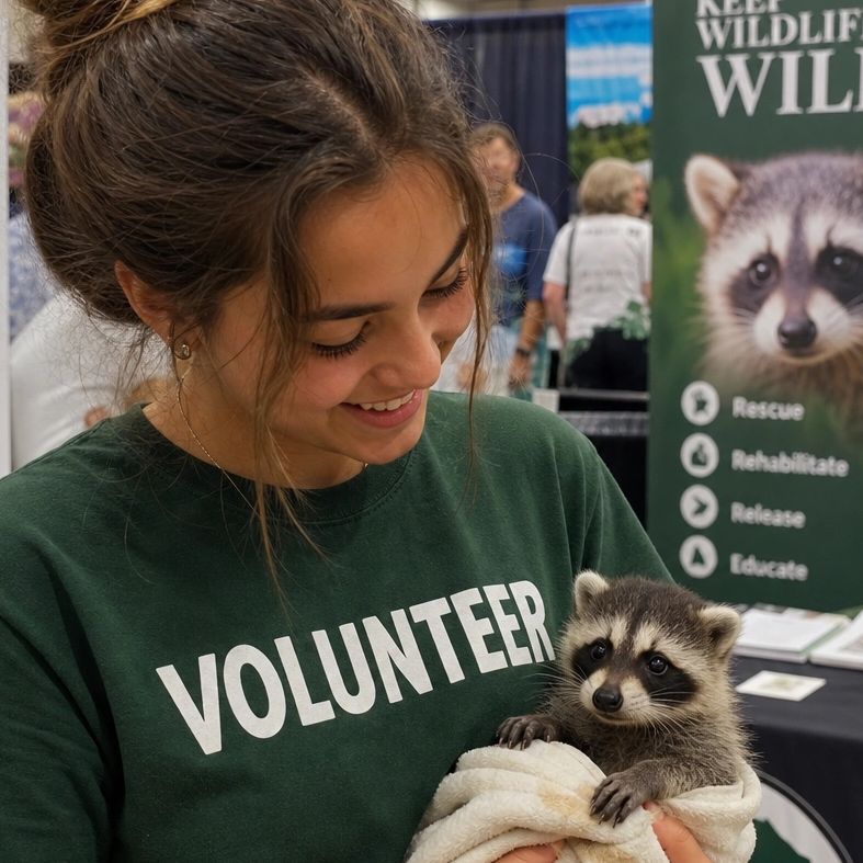 Volunteer holding a baby raccoon wrapped in a blanket.