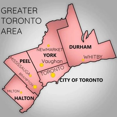 Map highlighting the regions and cities within the Greater Toronto Area.