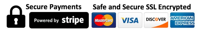 Safe and secure SSL encrypted, payments, Visa, MasterCard, Discover, American Express, Stripe.
