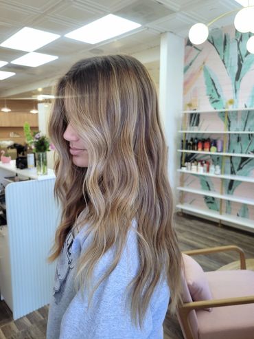 Blended bronde, lowlights and highlights to blend the dark roots, low maintenance upkeep 3-6 months