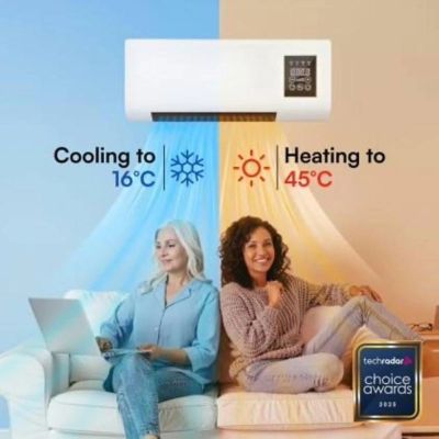 Air conditioner cools to 16°C and heats to 45°C, shown with two women enjoying each mode.