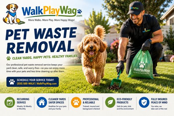 Man cleaning pet waste in yard with happy dog nearby.