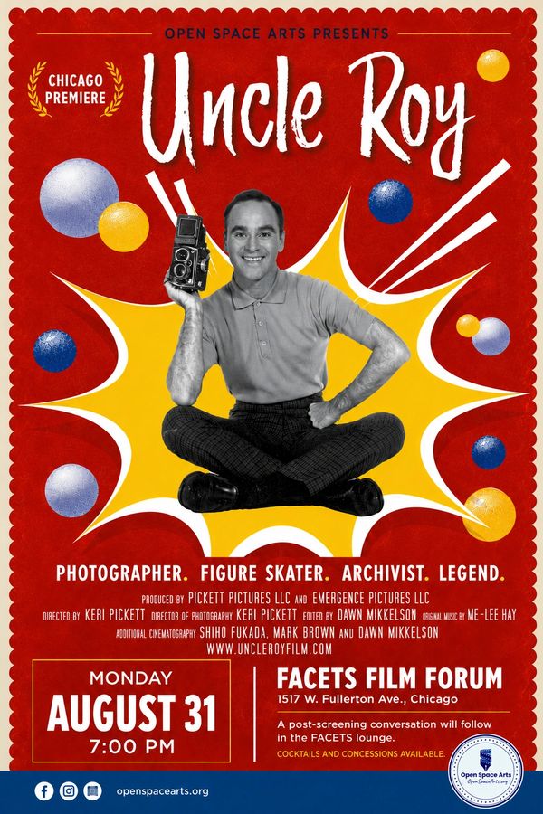 Movie poster for "Uncle Roy" featuring a man with a camera and colorful design.