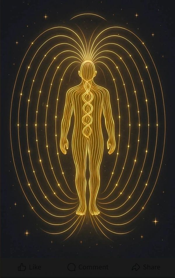 Golden human figure with glowing energy lines and spirals against a dark starry background.