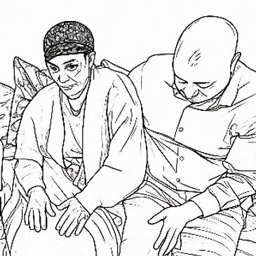 Two people sitting closely, one comforting the other in a quiet moment.