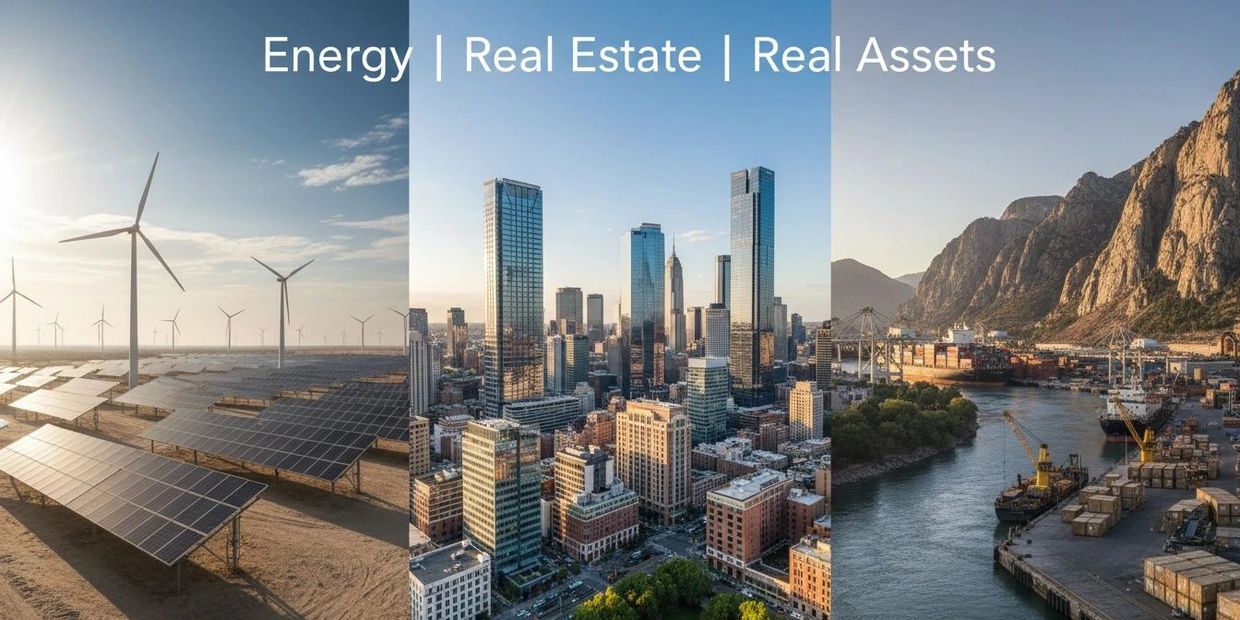 Collage depicting energy, urban real estate, and real assets in a port setting.