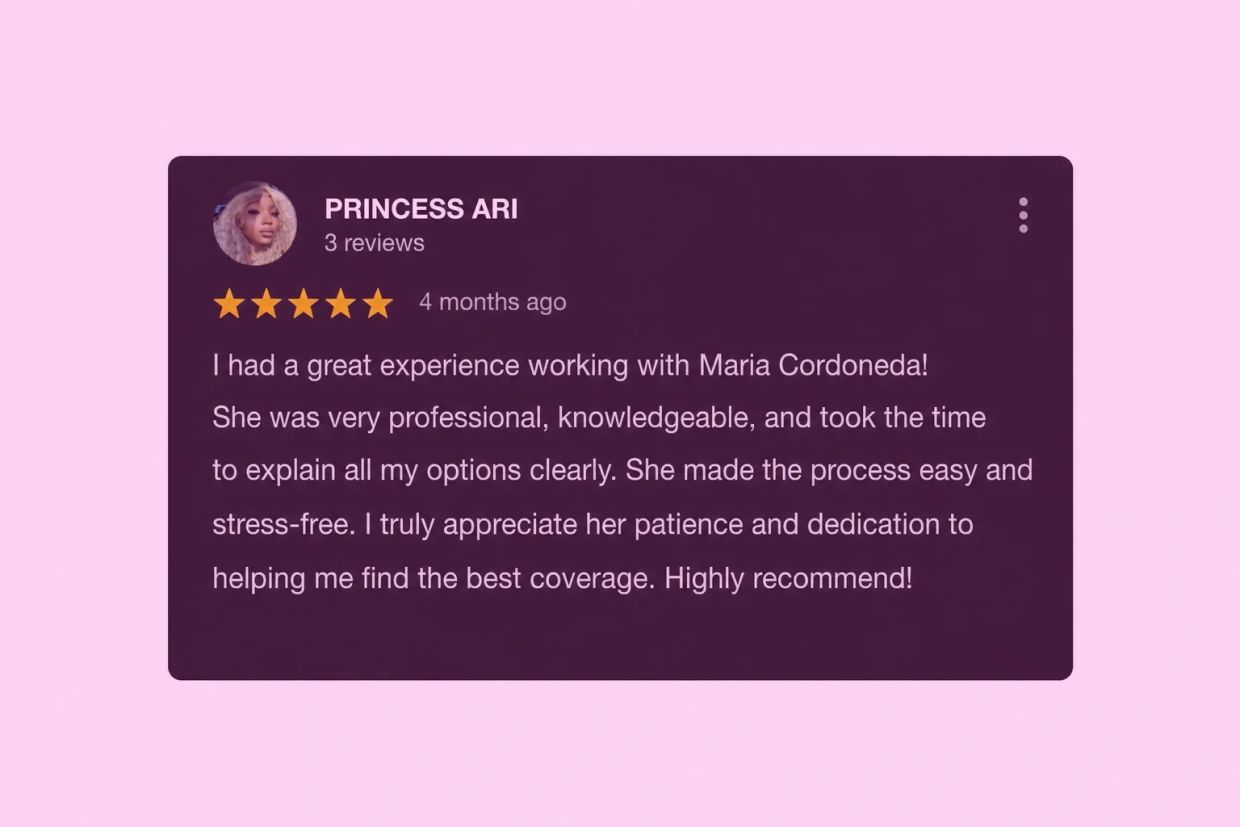Five-star review praising Maria Cordoneda's professionalism and helpfulness.