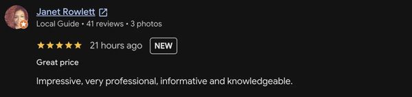 Positive review praising professionalism and knowledge.