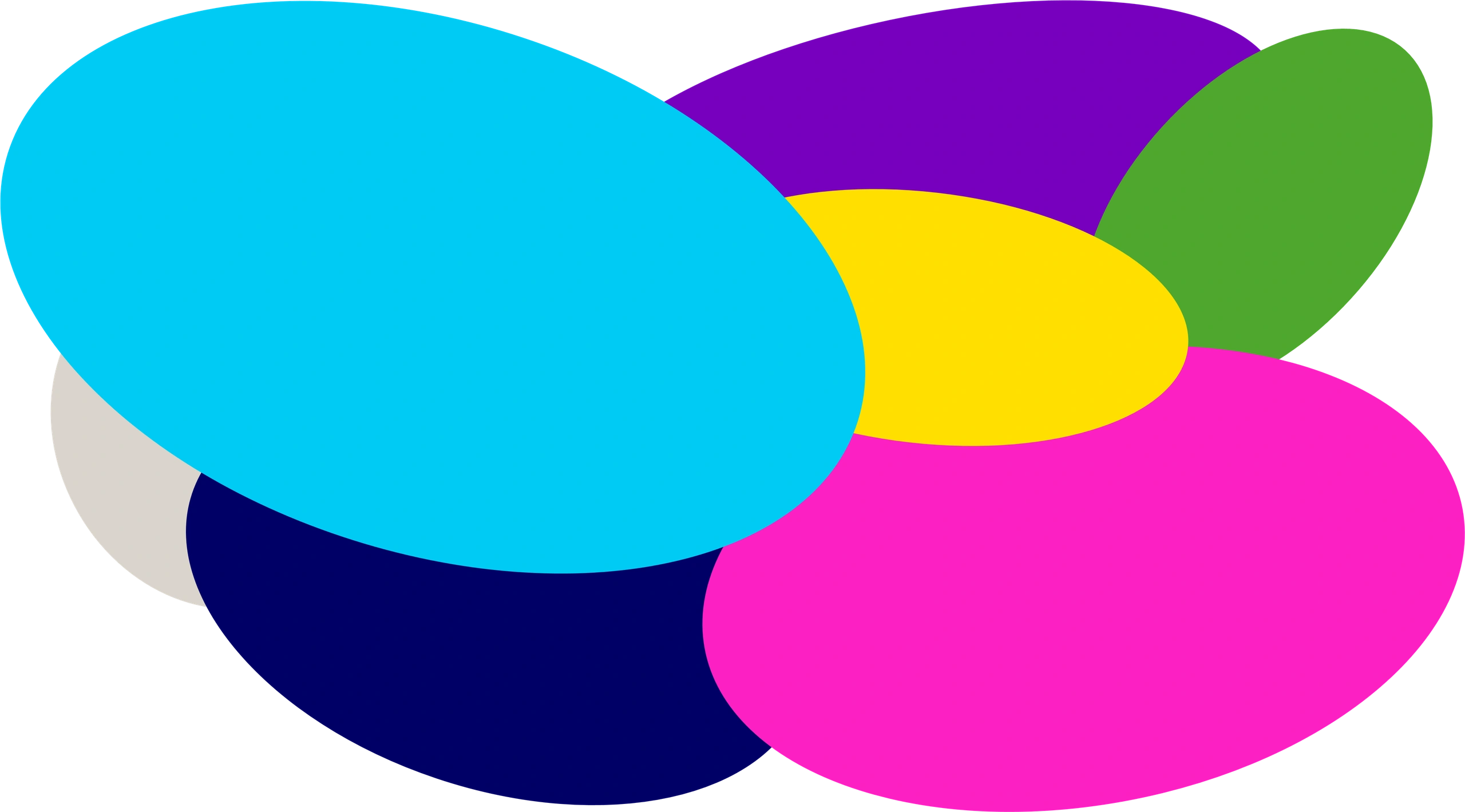 Collage of rounded shapes overlapping. Cyan, fuchsia, royal blue, yellow, green, purple and grey.