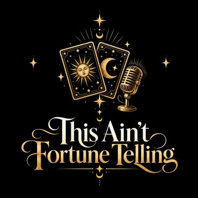 Vintage tarot cards and microphone with text about fortune telling.