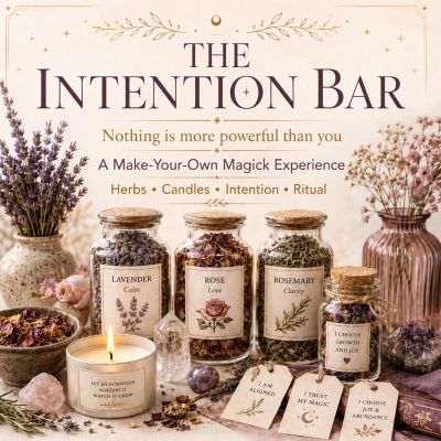 Intention bar with herbs, candles, and ritual magic.
