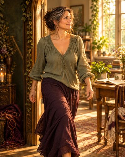 Woman walking confidently in a cozy, sunlit room.