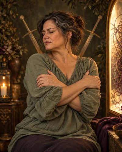Woman embracing herself with swords and candles in the background.