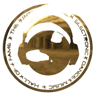 Golden emblem with headphones and text.