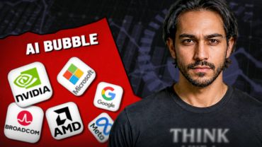 A man stands beside logos of tech companies amid an AI bubble theme.