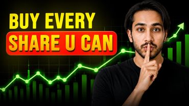 Man urges to buy every share with a rising stock chart in background.