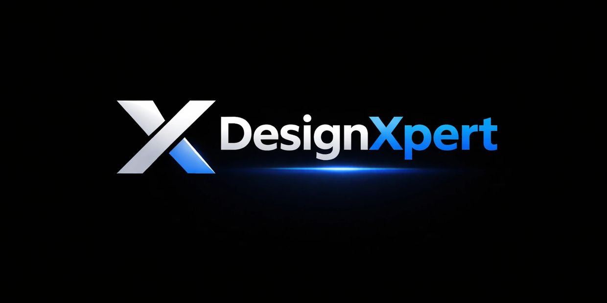 Modern logo for DesignXpert with blue and silver colors on black background.