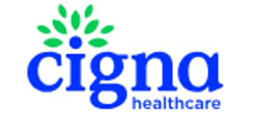 Cigna healthcare logo with green leaves and blue text.