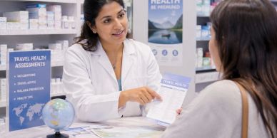 Pharmacist explaining travel health assessments to a customer.