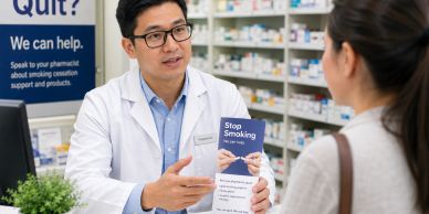 Pharmacist advising a customer on quitting smoking with informational pamphlet.
