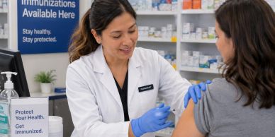 A healthcare professional administers a vaccine to a patient in a clinic.