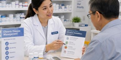 Pharmacist explaining chronic disease management to a patient in a pharmacy.