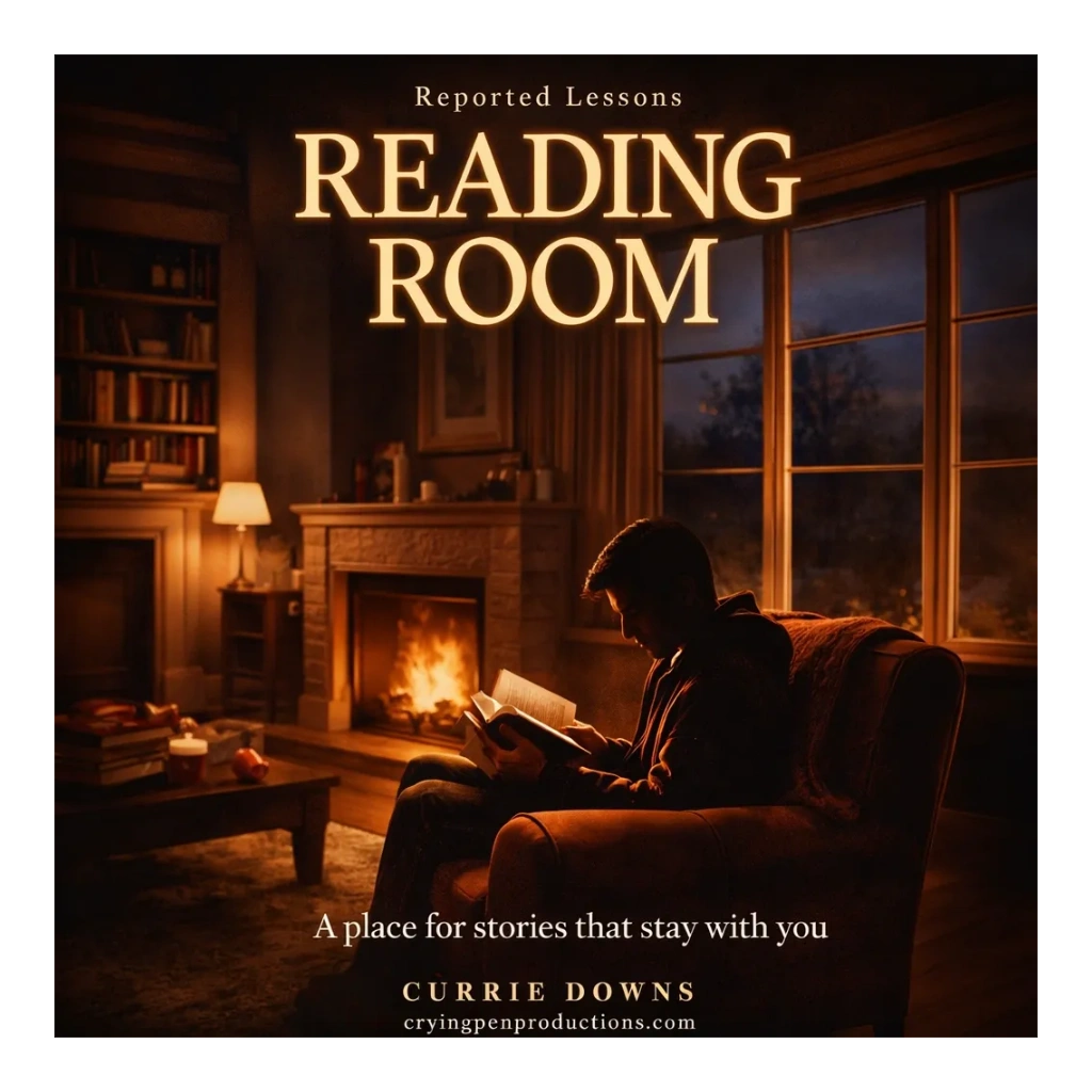 Cozy reading room with a fireplace and a person immersed in a book.