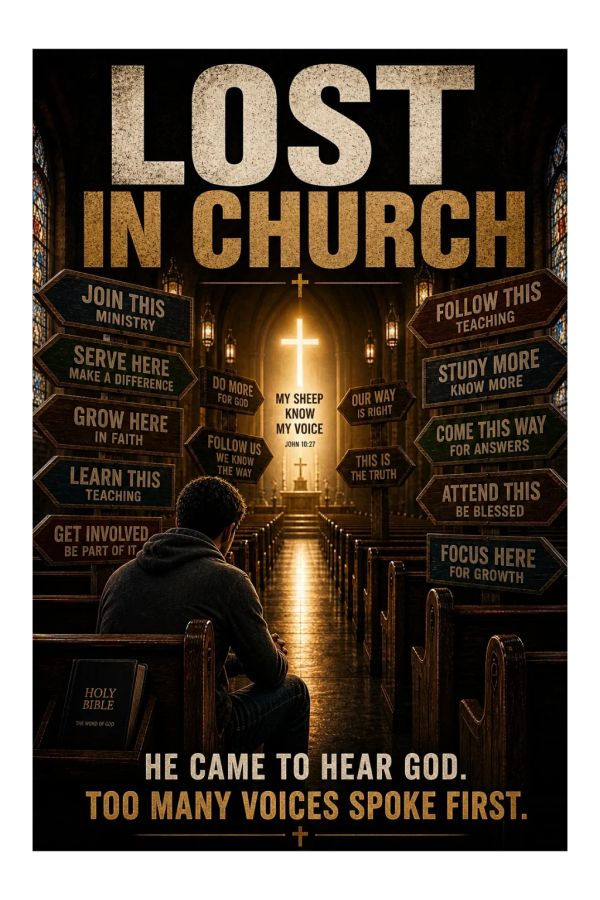 Man sits in church overwhelmed by many directions, seeking God's true voice.