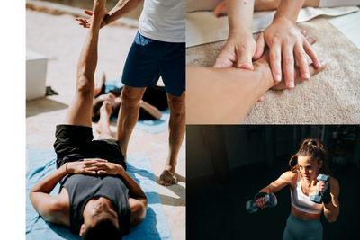 Physical therapy and fitness: leg stretch, wrist massage, and dumbbell workout.