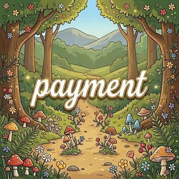 Whimsical forest path with mushrooms and flowers framing the word 'payment'.