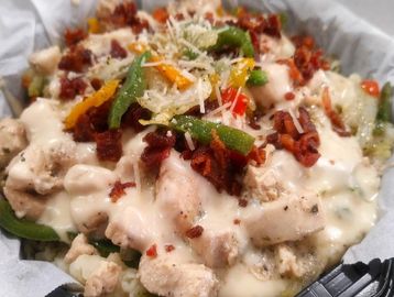 Chicken with Broccoli, House made White Sauce topped with your choice of bacon or any veggie   Full