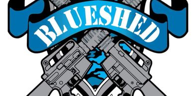 Logo with crossed rifles and 'BLUESHED' banner in blue and gray.